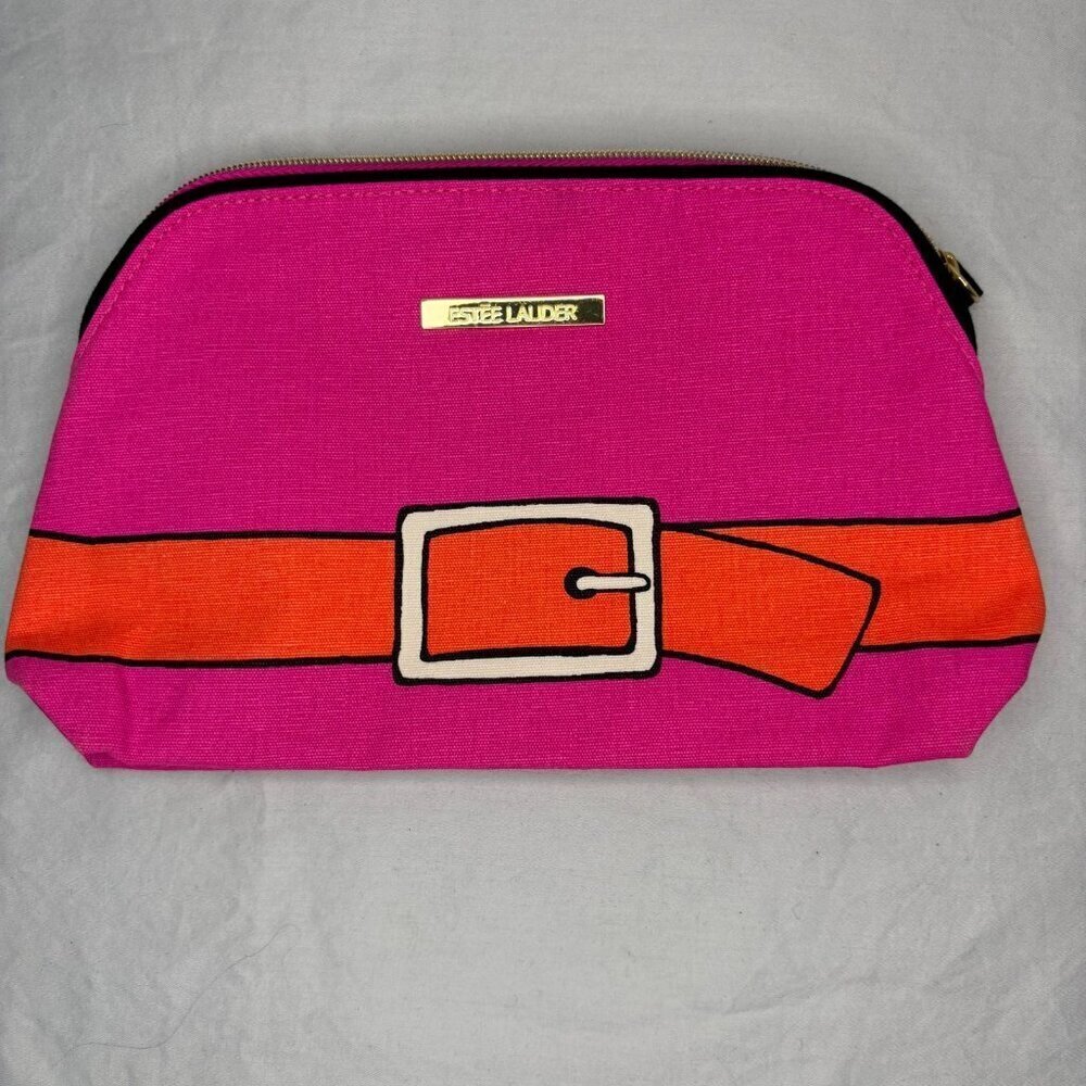 ESTEE LAUDER Make Up Pouch Pink Orange Belt Zipper Lined